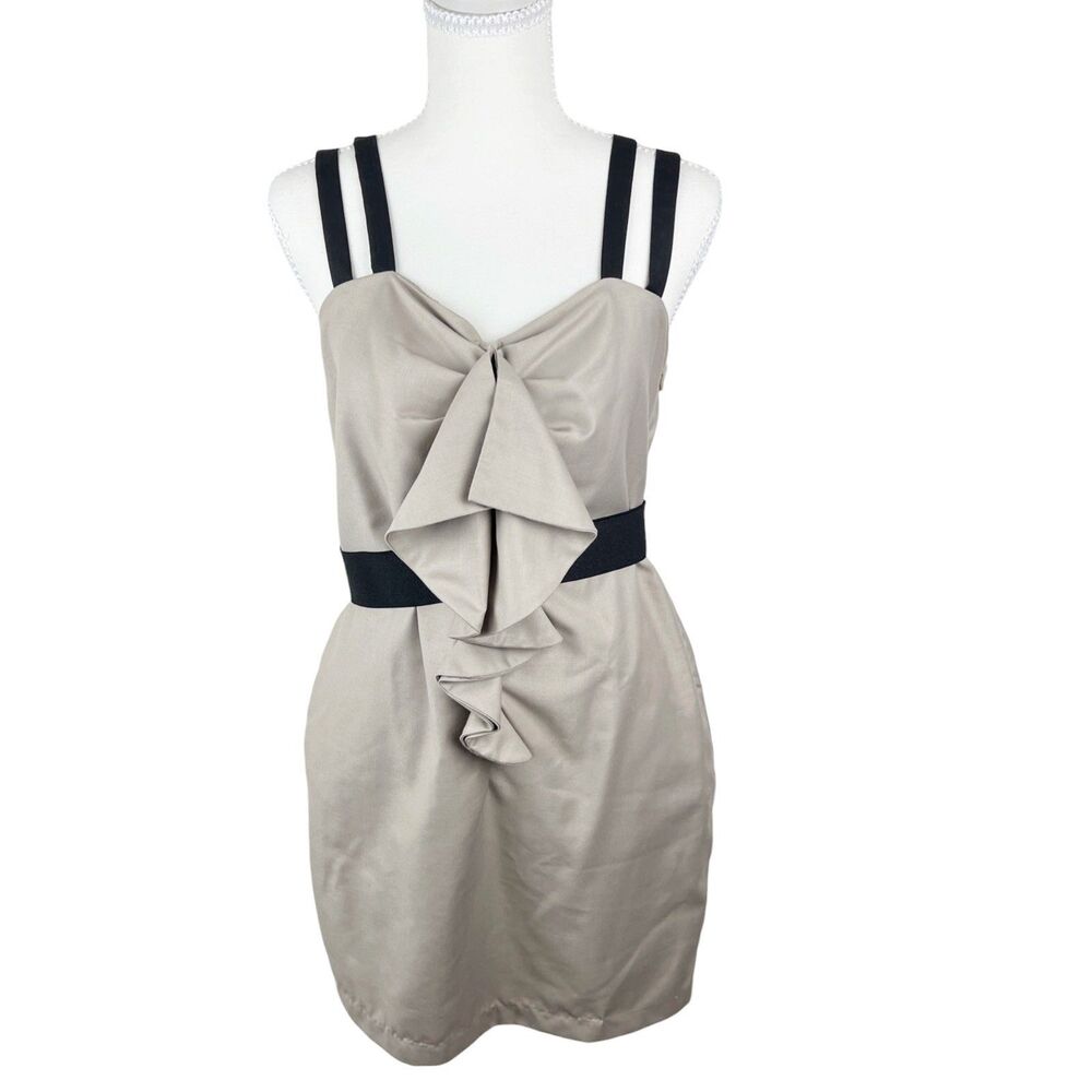 TCEC Dress Women Large Tan Black A-Line Mini Belted Sleeveless Ruffled Casual